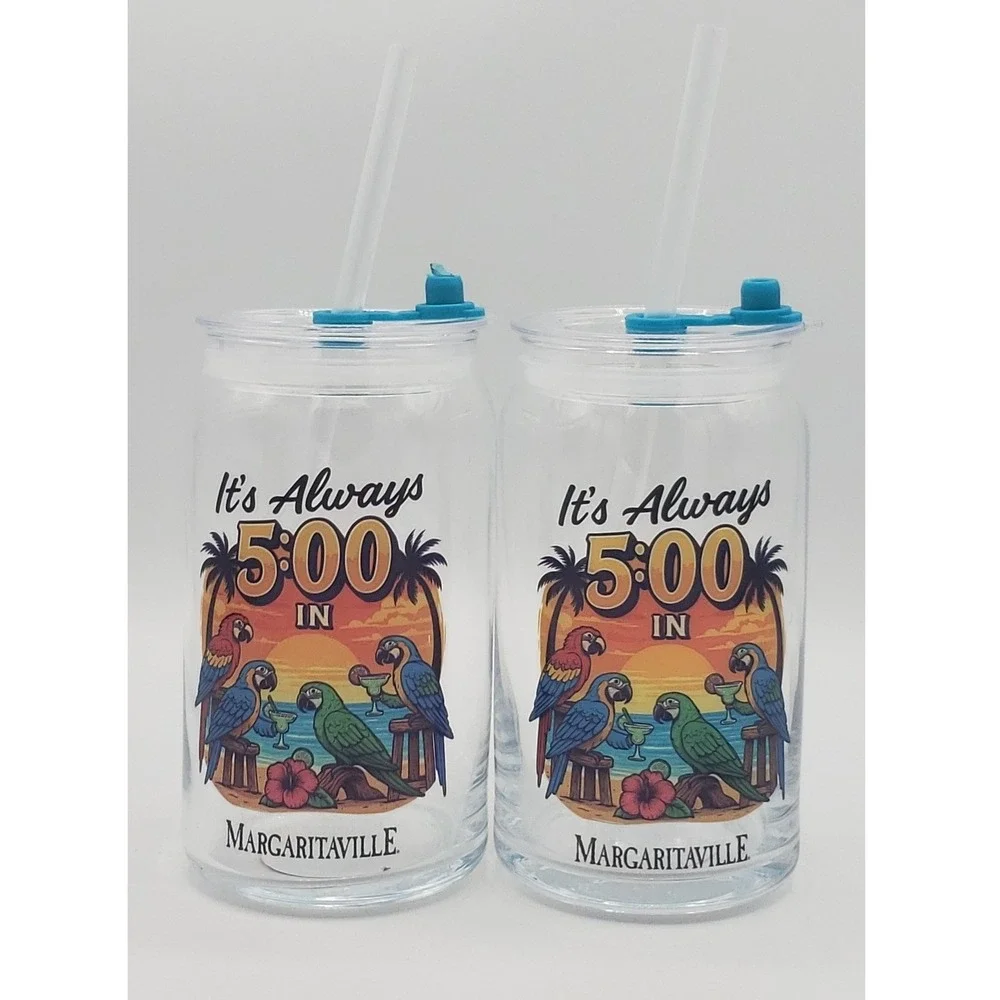 Margaritaville NEW Set of 2 Glass Sippers 16oz It's Always 5:00 Lids & Straws